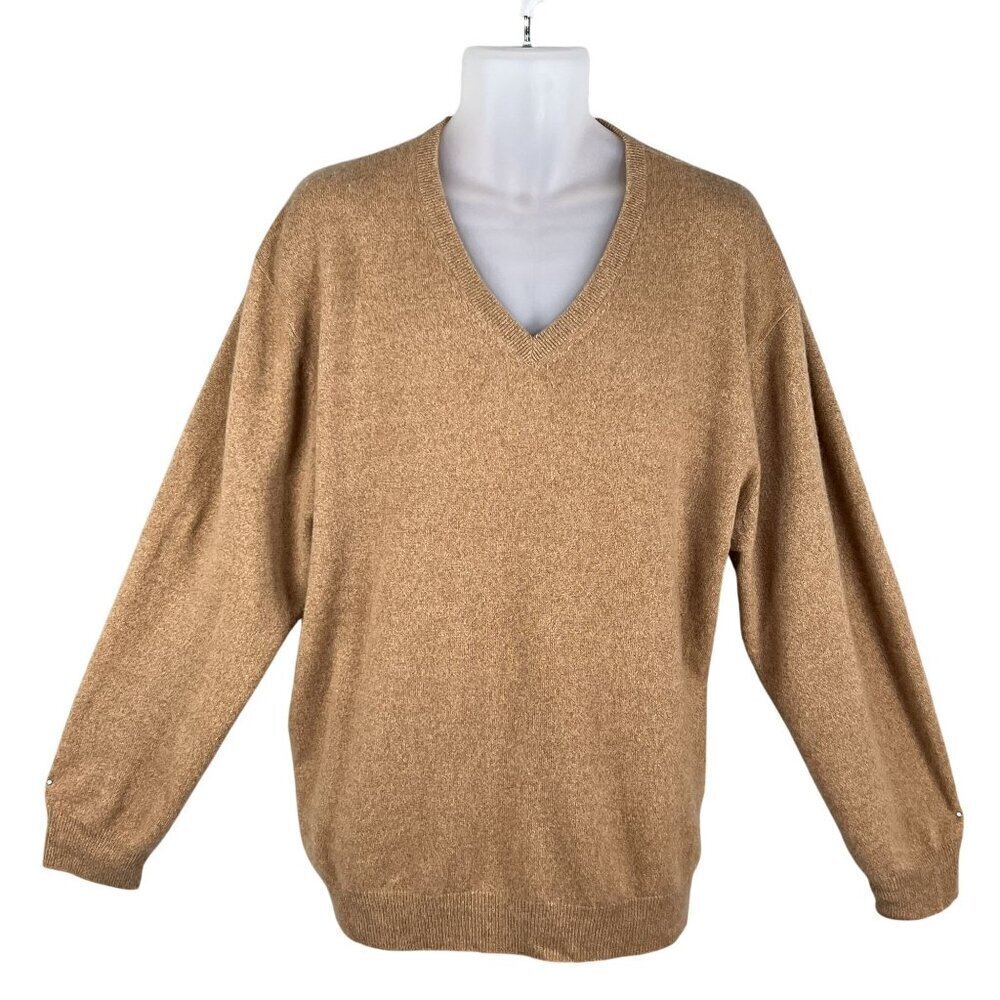 Jos. A. Bank Mens XL Tan Pullover V-Neck 100% Cashmere SOFT Sweater Quiet Luxury